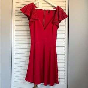 Red Lace Flutter Sleeve Fit Flare Dress